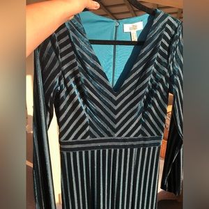 Dark blue and teal ribbed velvet maxi dress.